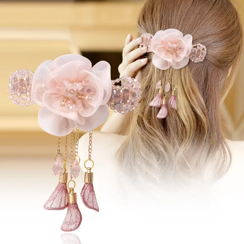 New Fabric Flower Hairpin Rhinestone Tassel Hair Clip Spring Clip Bridal Headdress Wedding Party Hair Accessories for Women