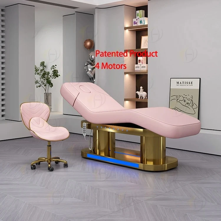 Custom Luxury Spa Room White Pink Facial Beauty Lashes Extended Bed 4 Motor Electric Massage Bed Salon