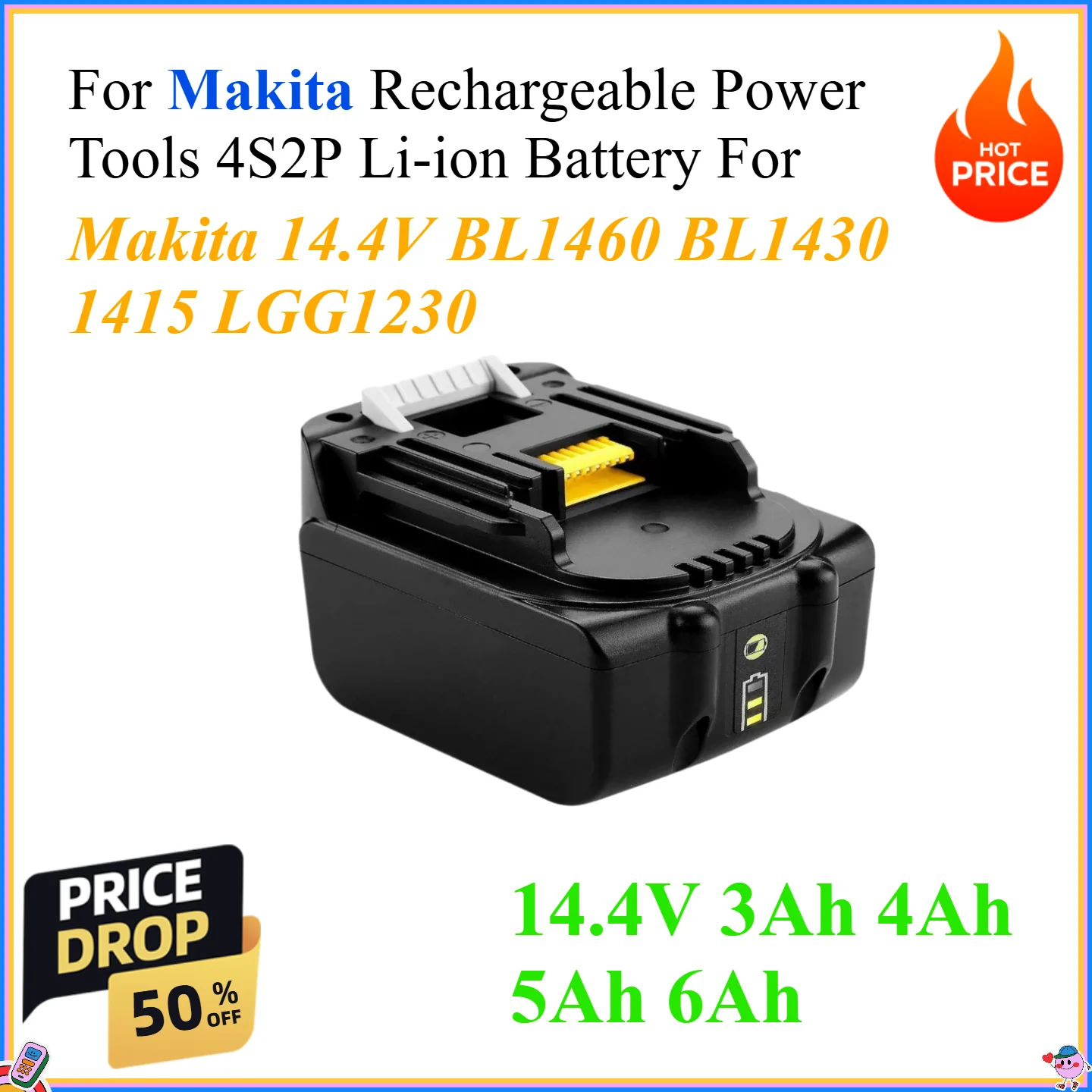 

14.4V 3Ah 4Ah 5Ah 6Ah For Makita Rechargeable Power Tools 4S2P Li-ion Battery For Makita 14.4V BL1460 BL1430 1415 LGG1230