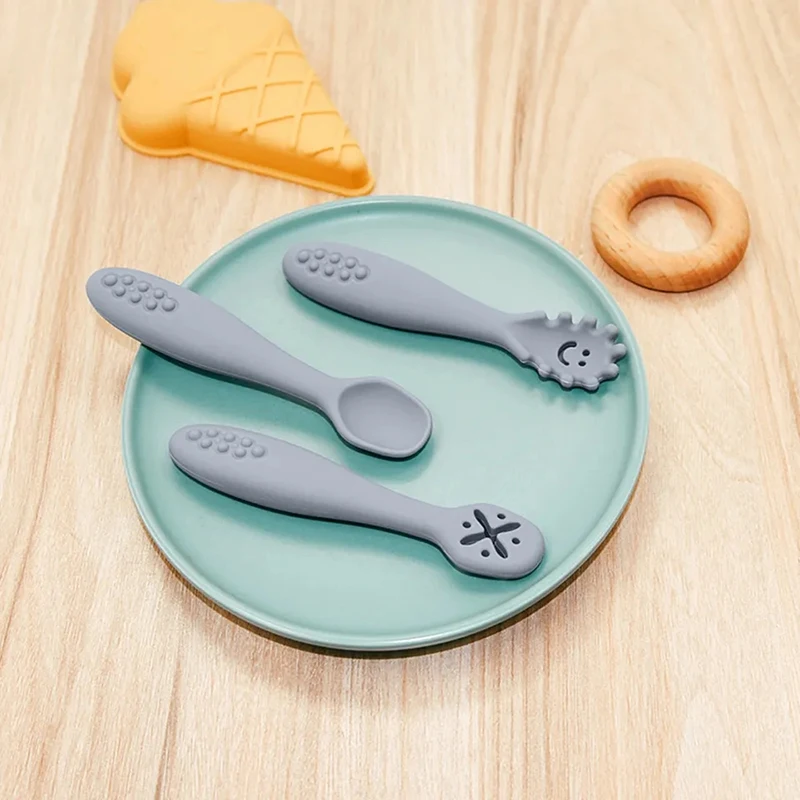 3PCS Baby Silicone Pre Spoon BPA Free Soft Training Spoons with Chewable Handle Multi-purpose Silicone Cutlery for Toddler Kids