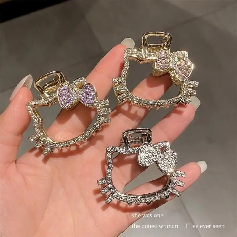 새로운 Sanrio 헬로 키티 상어 그립 만화 키티 고양이 금속 라인 석 잡는 클립 소녀 달콤한 헤어 액세서리 상어 그립