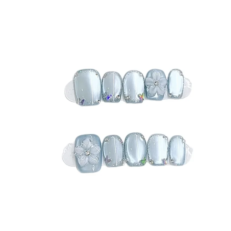 

Pure handmade nail wear summer new blue ice transparent engraving hand-painted engraving temperament cat's eye nail patch