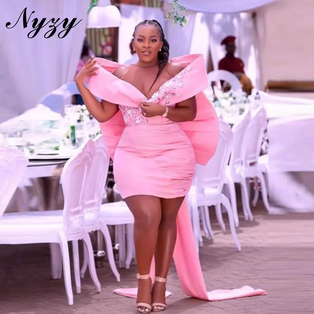 

NYZY E495 Pink Satin Big Bow Back Africa Engagement Dresses 2025 Party Prom Evening Gowns Customized