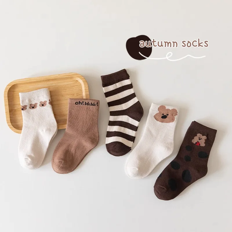 5Pairs Cute Bear Socks For Kids Autumn Winter Warm Cotton Sock 2-8year Boys Girls Baby Middle Tute Socks Soft Children Footwear