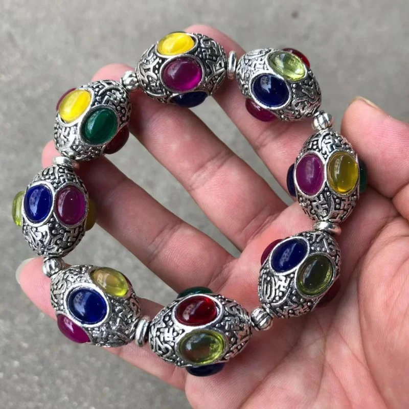 

Factory Wholesale Vintage Tibetan Silver Mosaic Jade Six Words Motto Bracelet DIY Beaded Bracelet One Piece Dropshipping