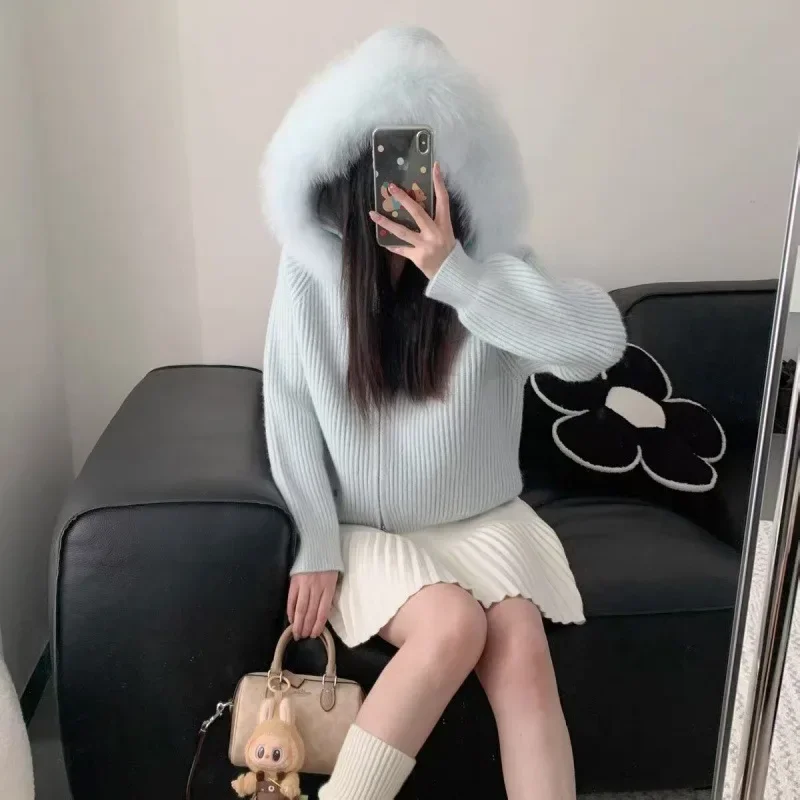 Hooded Removable Large Fur Neck Knitted Cardigan 2026 Autumn and Winter New Design Sense Women's Sweater Jacket