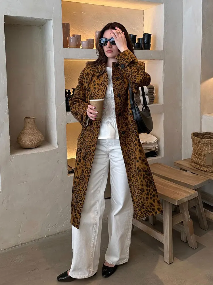 

2024 Woman Leopard Print Coat Long Sleeves Hidden Buckle Lapel Loose Long Overcoat Pocket Vintage Street Outerwear Jacket