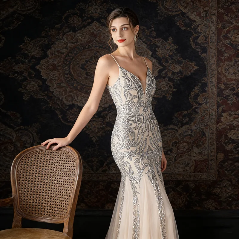 

Женское летнее сексуальное платье для вечеринок с тонкими бретелями, V-образным вырезом, открытой спиной, пайетками, длинное вечернее платье-русалка для свадеб и торжеств