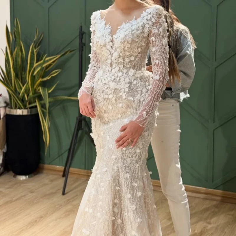 Ivory White Appliques Wedding Dresses Lace 3D Flower Decal long tail Detachable fish tail long sleeves Made wedding dress Bridal