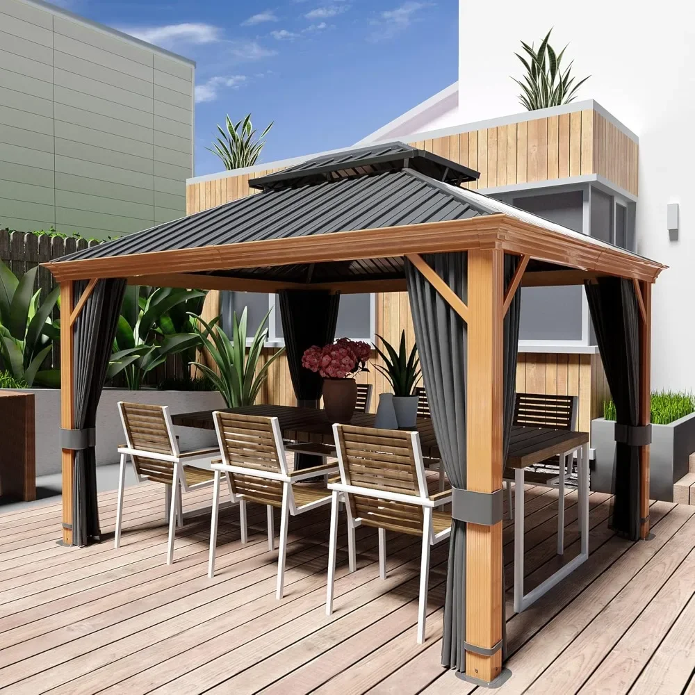 

10' x 12' Hardtop Gazebo, Outdoor Wood Grain Frame Aluminum Metal Gazebo with Galvanized Steel Double Roof，Patio Canopy