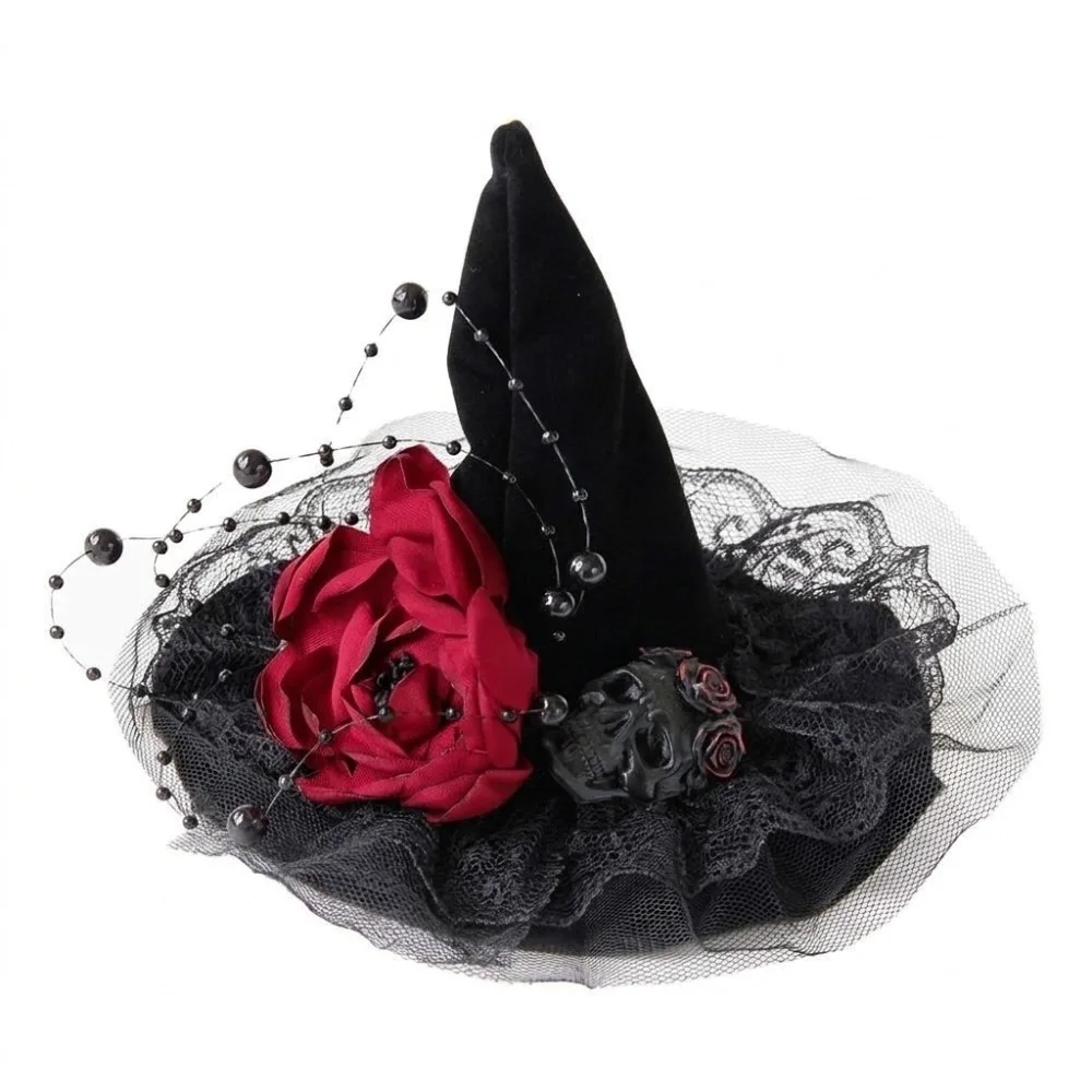 Creative Flower Witch Hat Hair Clip Skull Mesh Halloween Hair Clip Headdress Dark Black Witch Hairpins Cosplay