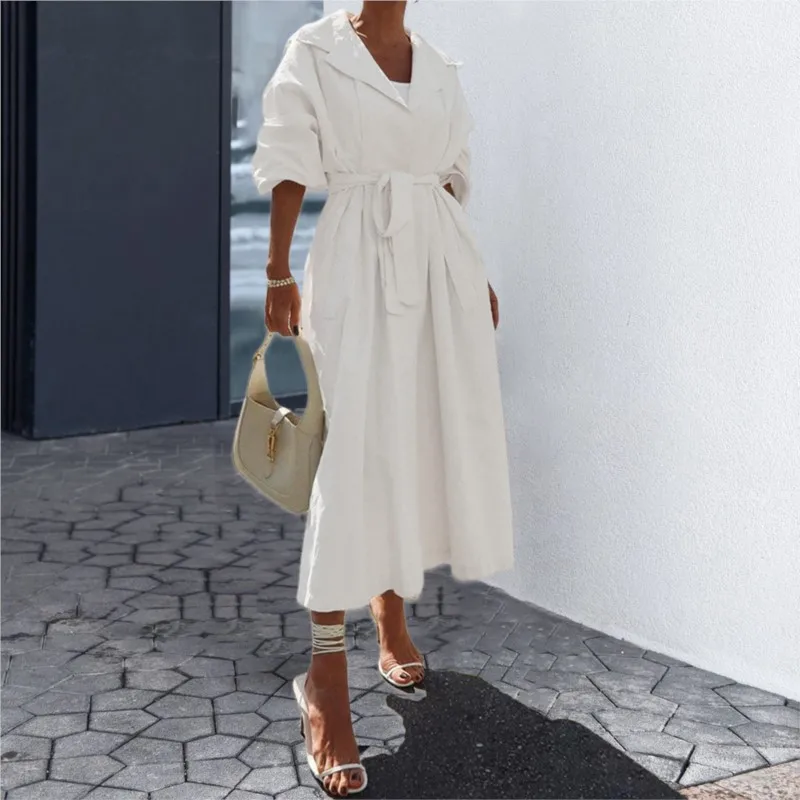 

Осень-зима, новая женская модная ветровка с длинными рукавами и лацканами, повседневная однотонная куртка средней длины со шнуровкой на талии, плащ