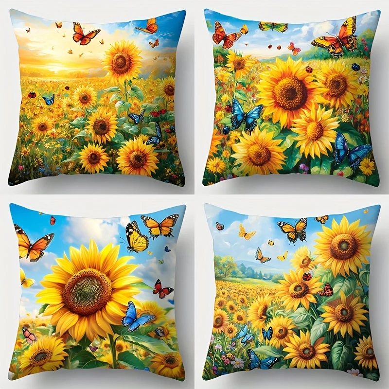 4-piece sofa cushion cover set, golden sunflower pattern, single-sided print, home decor, insert not included