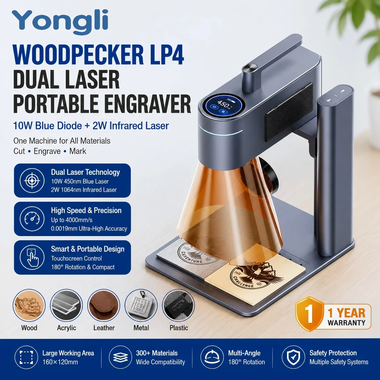 Yongli LP4 Dual Laser Portable Engraver 10W 450nm Blue 2W 1064nm Infrared Laser Cutting Marking Machine for Metal Wood Acrylic