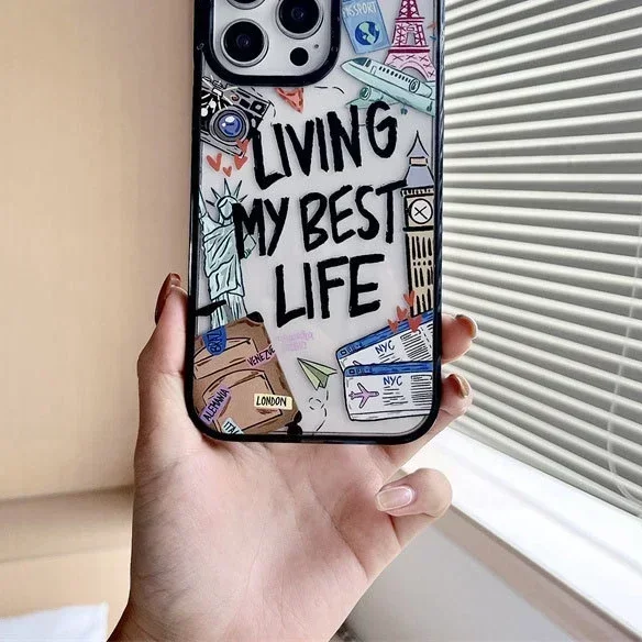 Acrylic Living My Best Life Travel Tag Frame Phone Case Cover for iPhone 11 12 13 14 15 16 Pro Max Case for iPhone 16 ProMax