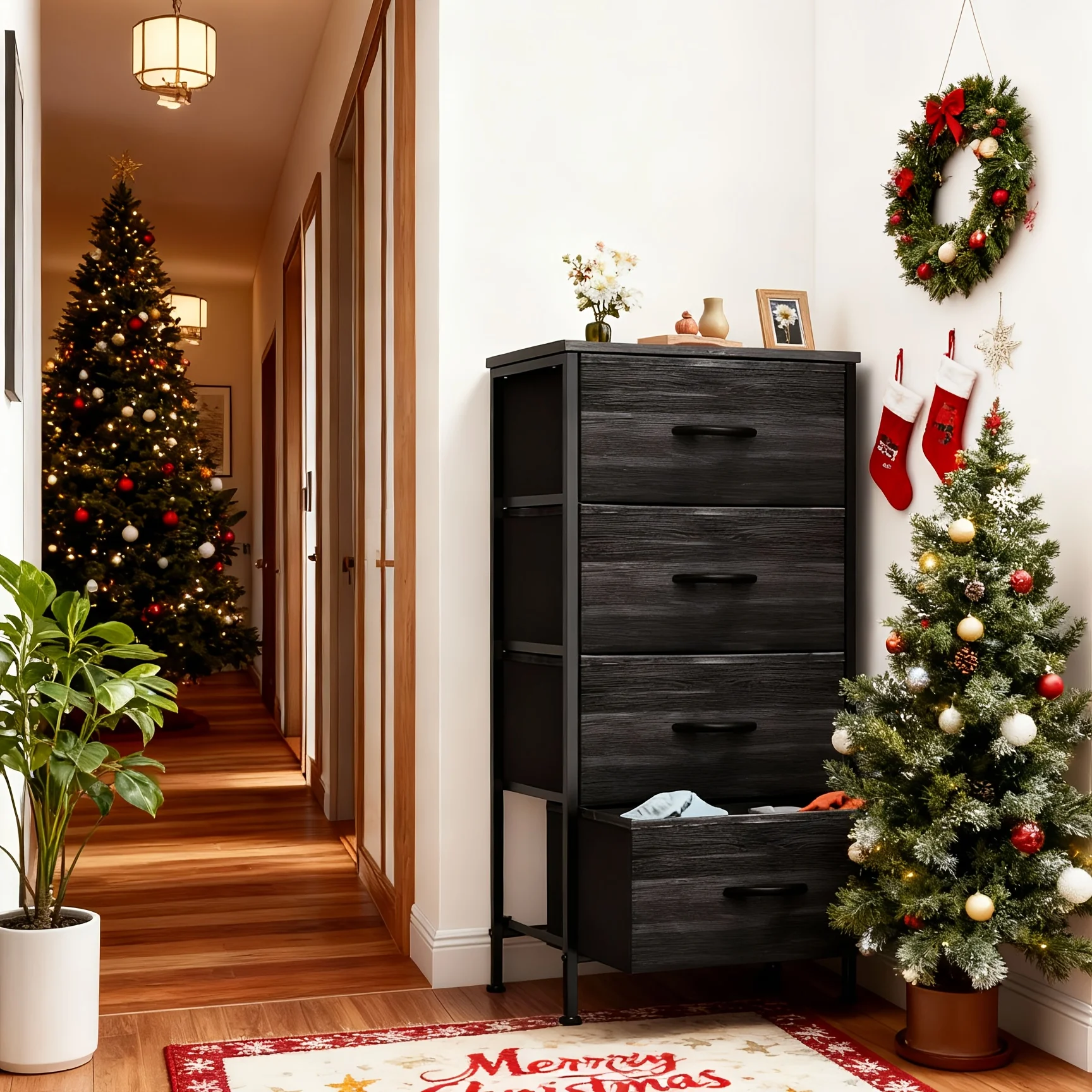 

4 Drawer Cabinet, Fabric Storage Drawers, Chest Of Drawers with Steel Frame, Wood Top, Use for Closet Hallway