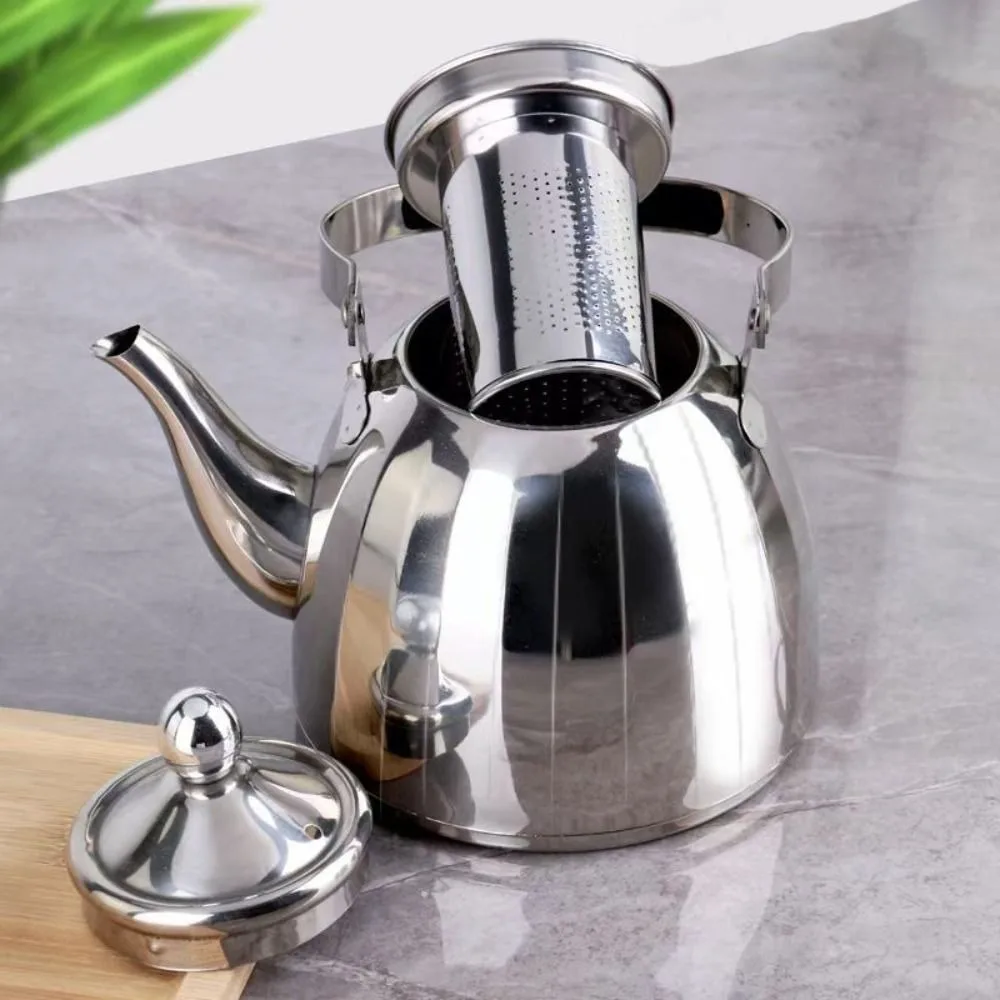1/1.5/2L Restaurant Tea Kettle Removable Infuser Scald-proof Handle Boiling Water Pot Stainless Steel Mirrored Flower Teapot