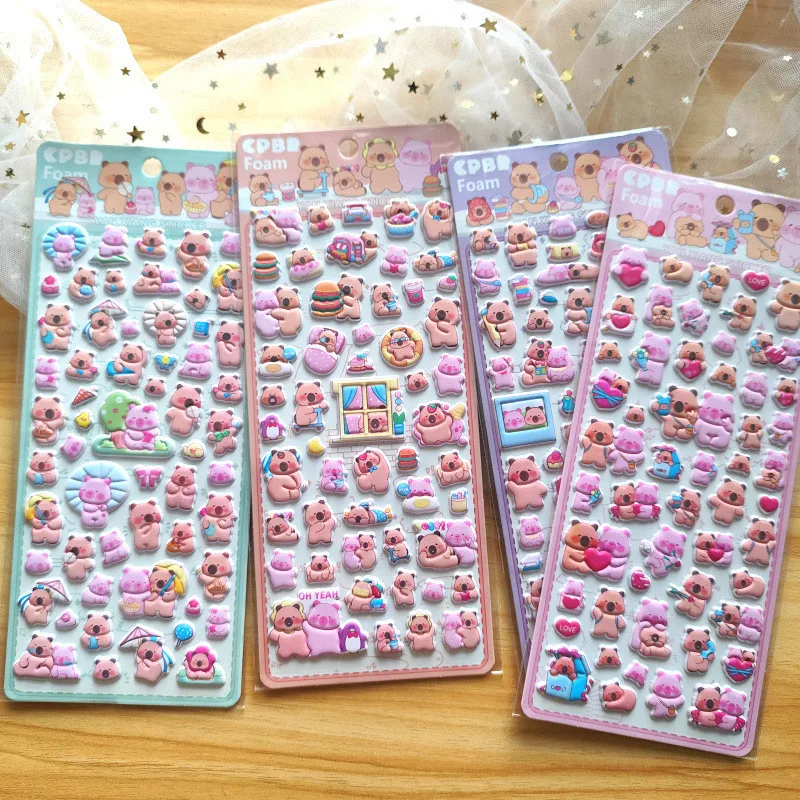 4 Pcs Capybara Cubs & Bears Soft Kids' Cartoon Bubble Stickers - 3D Soft Decor, Cute Embellishments for Scrapbook Diary Notebook