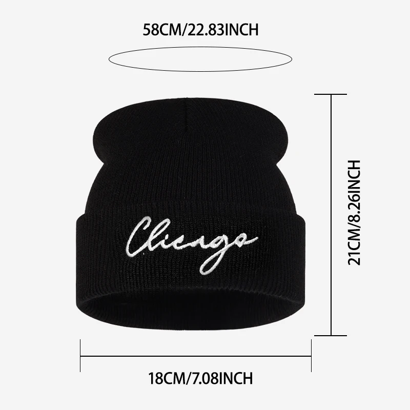 Adult Unisex Knitted Beanie Cap Chicago Letter Embroidery Soft Lightweight Knit Hat for Street Outing Holiday Event Birthday Gif