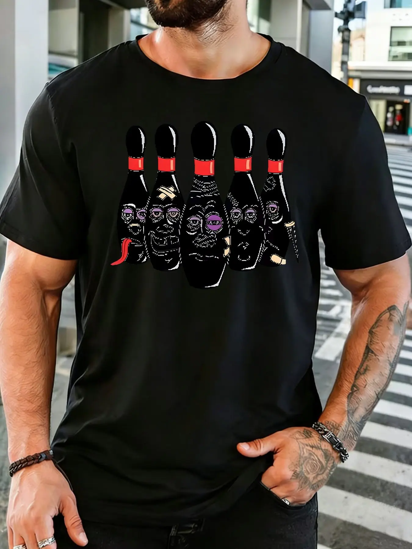 Men Cotton Crew Neck T Shirt Funny Injured Face Bowling Pins Graphic Bowling Sports Lover Casual Short Sleeve Male Daily Top