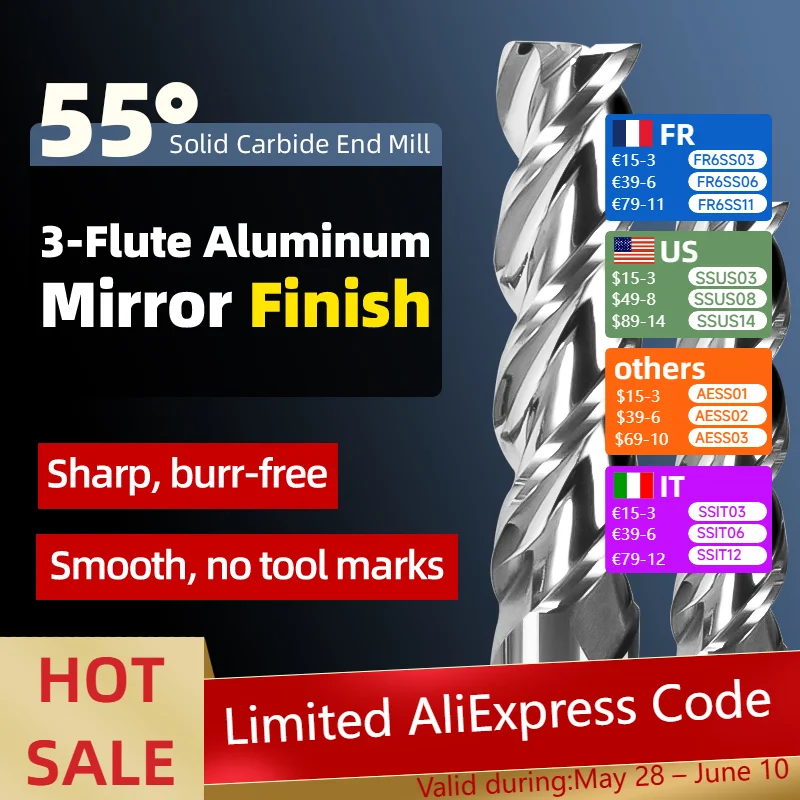 

55° 3-Flute Flat-Bottom End Mill, Aluminum-Special Tungsten Steel, Mirror Finish, for CNC, Aluminum/Copper