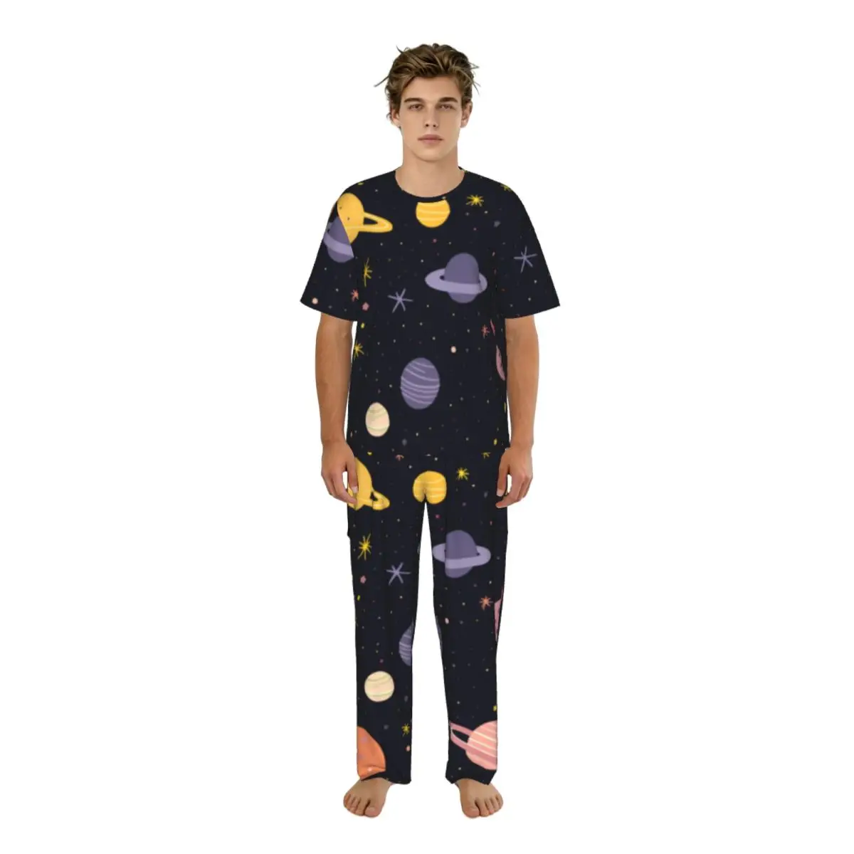 

Men Pajamas Suit Short Sleeved Long Pants Cute Colorful Planets And Stars Sleepwear Summer Home Clothing Set