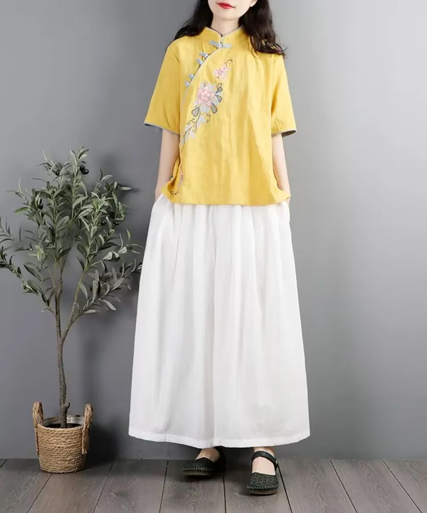 

Summer Embroidery Short Sleeve T Shirt 2025 Women Cotton Stand Collar Tea Clothing Vintage Casual Shirts Women Hanfu Tops