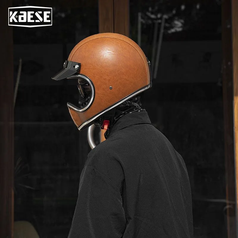 

JYT 2025 Vintage Red Leather Full Face Fiberglass Helmet Limited Edition Collector's with DOT Certificate