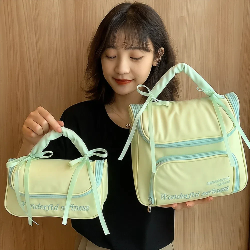 

PU Leather Women's Makeup Bag Waterproof Ballet Style Large Capacity Toiletry Ba Handbag Handheld Bowknot Cosmetic Bag Girls