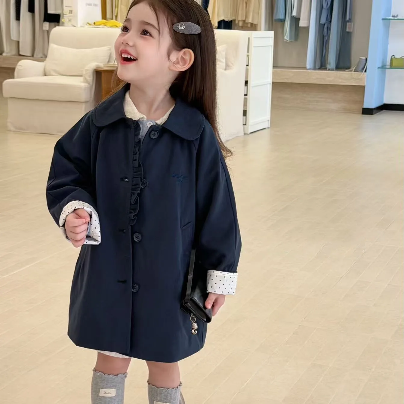 2026 Spring Autumn New Girls Fashion Trench Coat Sweet Style Outerwear With Roll‑Up Cuffs for Little Girls