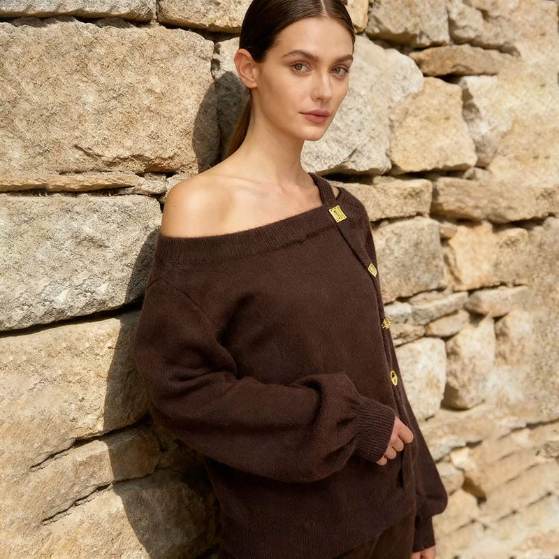 Suéter elegante asimétrico con hombros descubiertos para mujer, prendas de punto de moda de estilo perezoso para clima frío, Otoño e Invierno