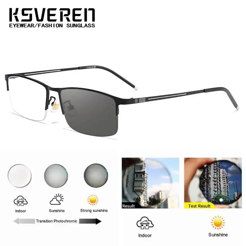 Prescription Business Photochromic Myopia Glasses For Men Half Frame Metal Color Changing Nearsighted Eyewear Negative Diopter