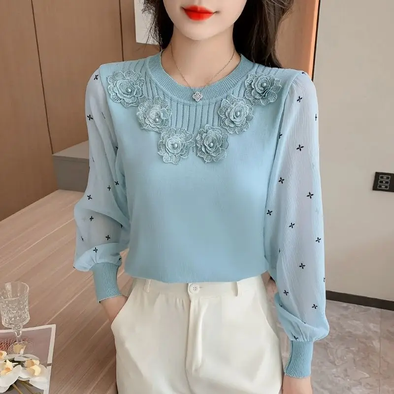 Korean Fashion Autumn New Women\'s O-Neck Lace Patchwork Flower Temperament Chic Long Sleeve Pullovers Chiffon Shirt Knitted Tops