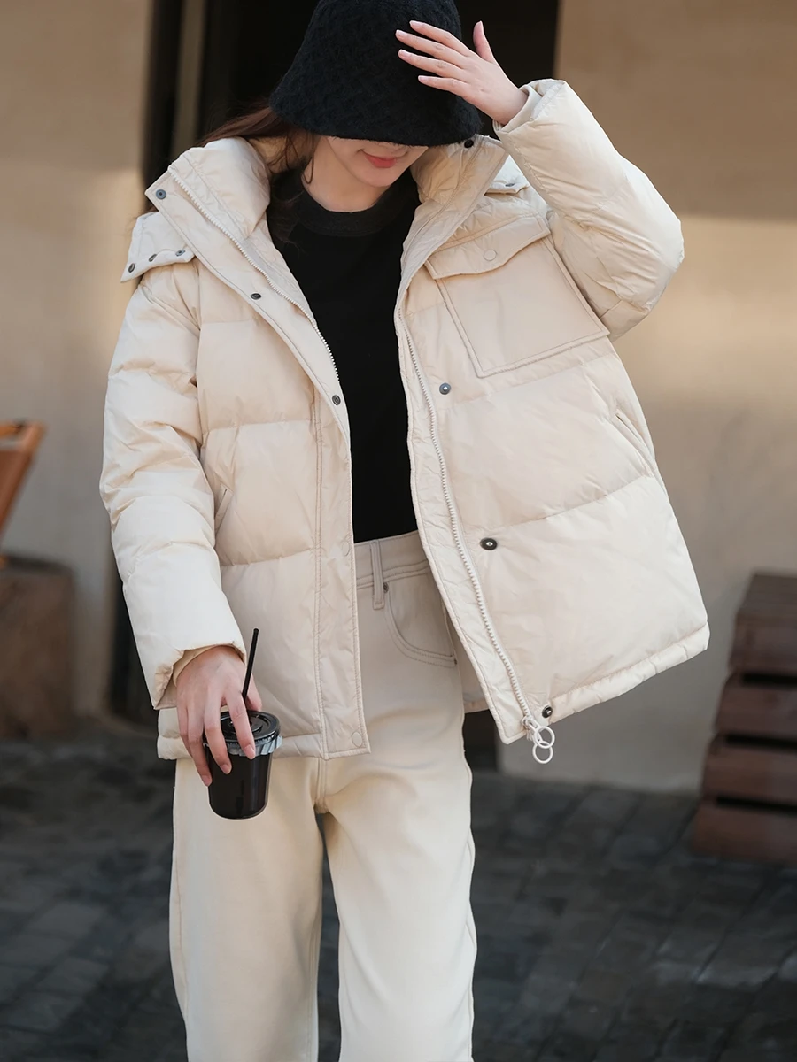 

Detachable Hat Warm Du down Jaet Loose Versatile Outerwear Small Ear Production Faionable Commuter Sle Zipper Closure