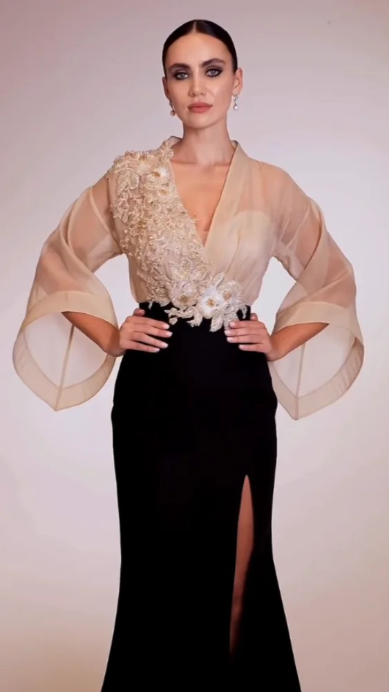 Gaun Panjang Terompet Kerah V Manik-manik Bunga Applique Jersey Kustom Acara Dipesan Lebih Dahulu Malam Formal Fashion Indah