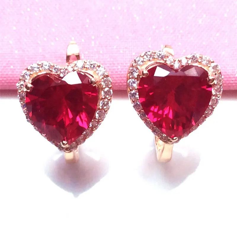 585 purple gold plated 14K rose gold inlaid crystal ruby heart earrings for women glamour fashion luxury new ear buckle