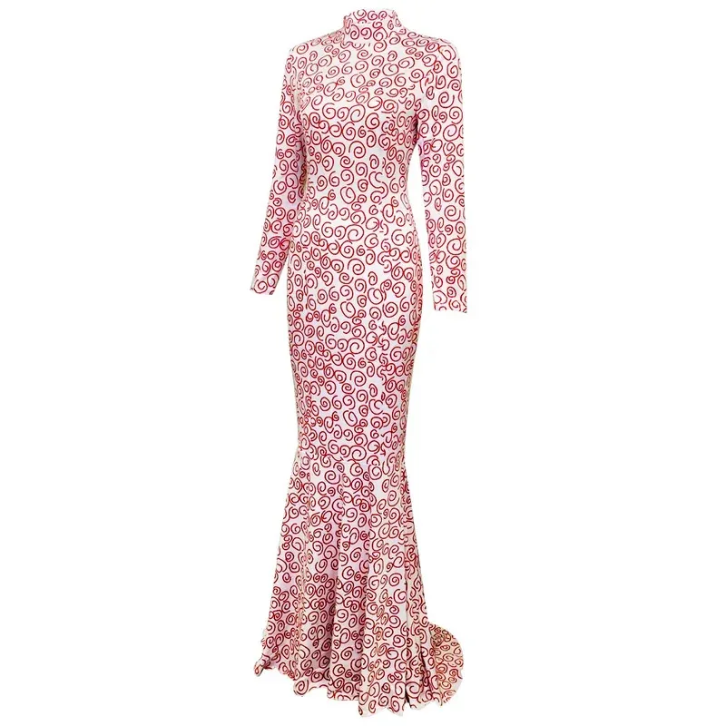 

Invaders From Mars Cosplay Costume High-neck Long-sleeved Printed Fishtail Dress Halloween Carnival Party Outfits fok;3,c'5.b;8'