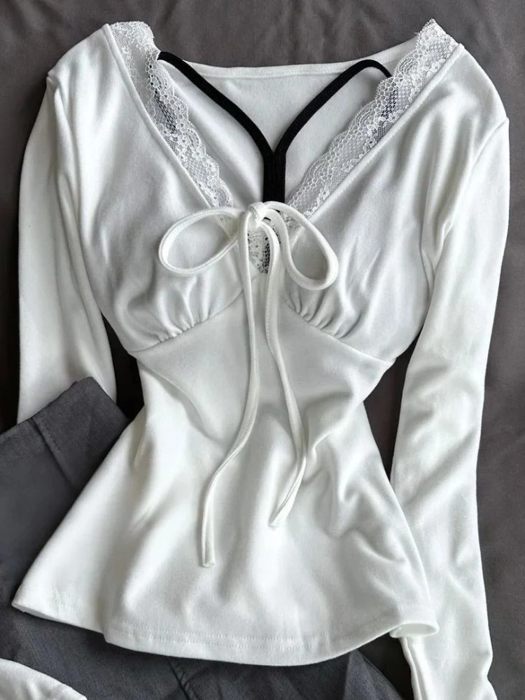 Coquette Kawaii Japanese Sweet Fashion Lace Blouse Women Bowknot Long Sleeve Slim Fitted Casual Daily Harajuku Cute Top Outfit