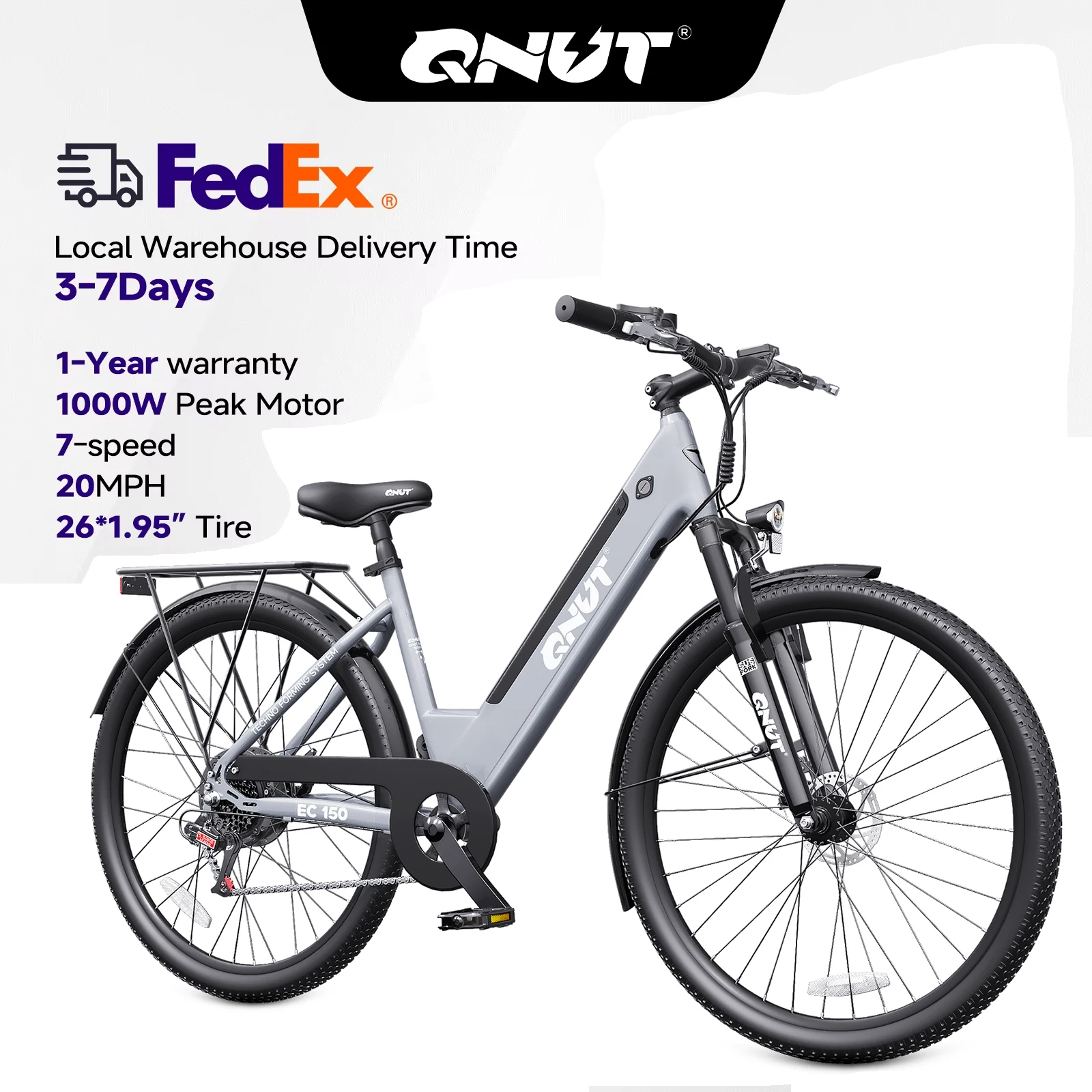 QNUT Electric Bike for Adults 1000W Peak Commuter Ebike with 48V10.4Ah Built-in Battery 26" City Step Through E-Bike 7-Speed 65Miles 20Mph Urban Electric Bicycles for Women Men Teens