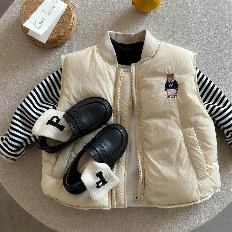 Kinder-Baumwollweste Jungen 2026 Winter Baseball-Kragen Weste Jacke Baby Wärmehaltende Ärmellose Jacke Mädchen Besticktes Oberteil – Detail 13