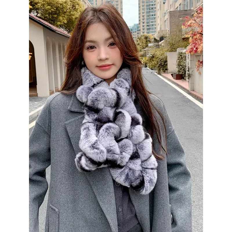 Fur scarf women's winter Rex rabbit hair scarf, warm neck, thickened double-sided ruffle leaf edge, long neck cover, real hair.