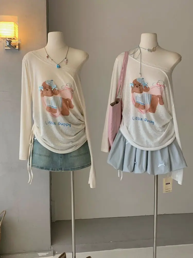 Kimotimo Cute Puppy Printed Patchwork Lace Off Shoulder Tops Women Summer Sheer Drawstring Long Sleeve T-shirt Sweet Y2k Tees