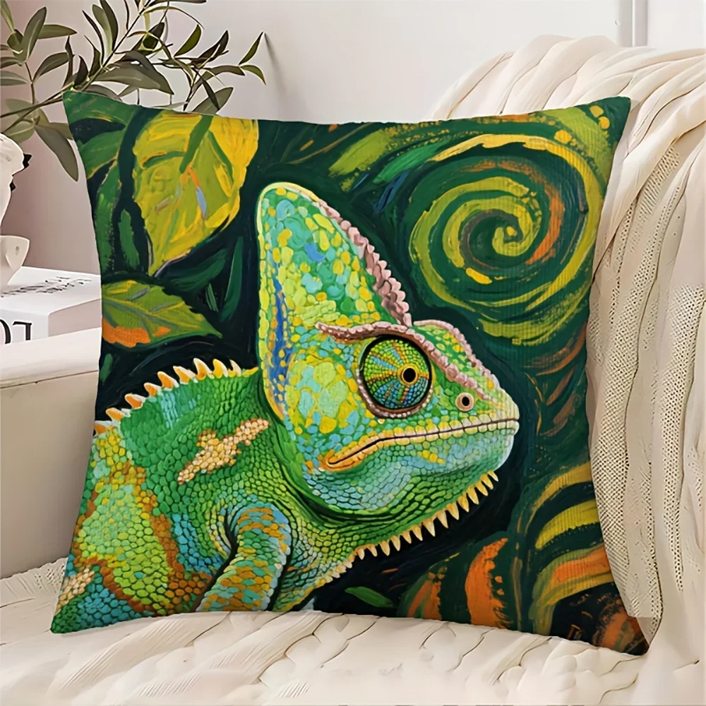 1Pc Chameleon Art Cushion Cover Green Animal Print Pillowcase For Sofa Bed Home Decor Soft Breathable Square Throw Case