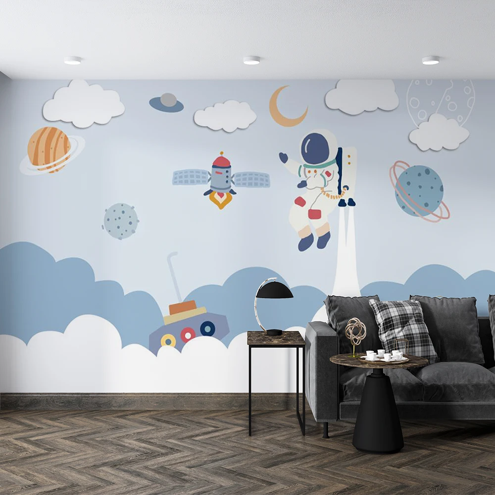 

Customized 3D Cartoon Space Starry Sky Astronaut Rocket Children's Room Wallpaper