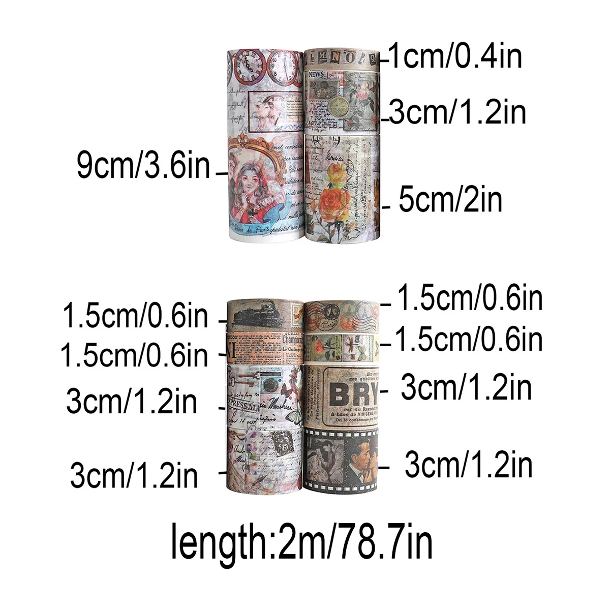 12 لفة/صندوق من شريط واشي ذو طابع عتيق، مشاهد وأنماط مختلفة، مواد تزيين سجل القصاصات المصنوعة يدويًا.