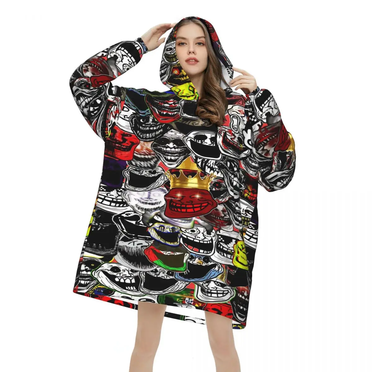 Funny Trollface Wearable Blanket Hoodie for Women Men Warm Cozy Oversize Blanket Sweatshirt Thick Fleece Hooded Blanket