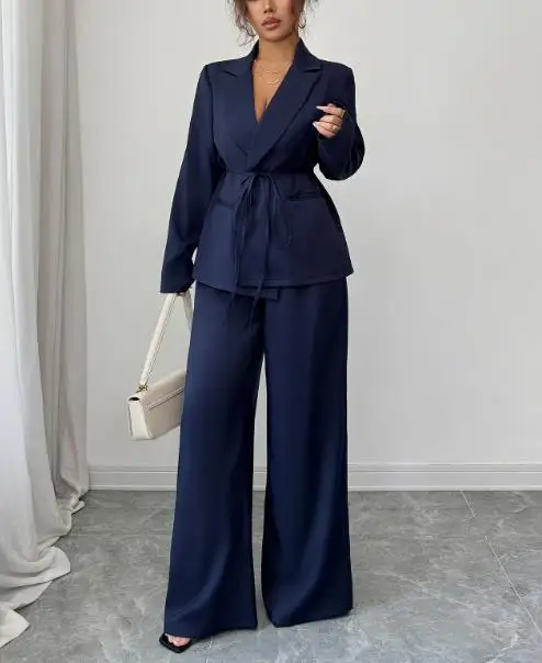 

Autumn and Winter Women's Two Pieces Set Blazer and Wide Leg Pants Set Tie Waist and Formal Stylish Style Set