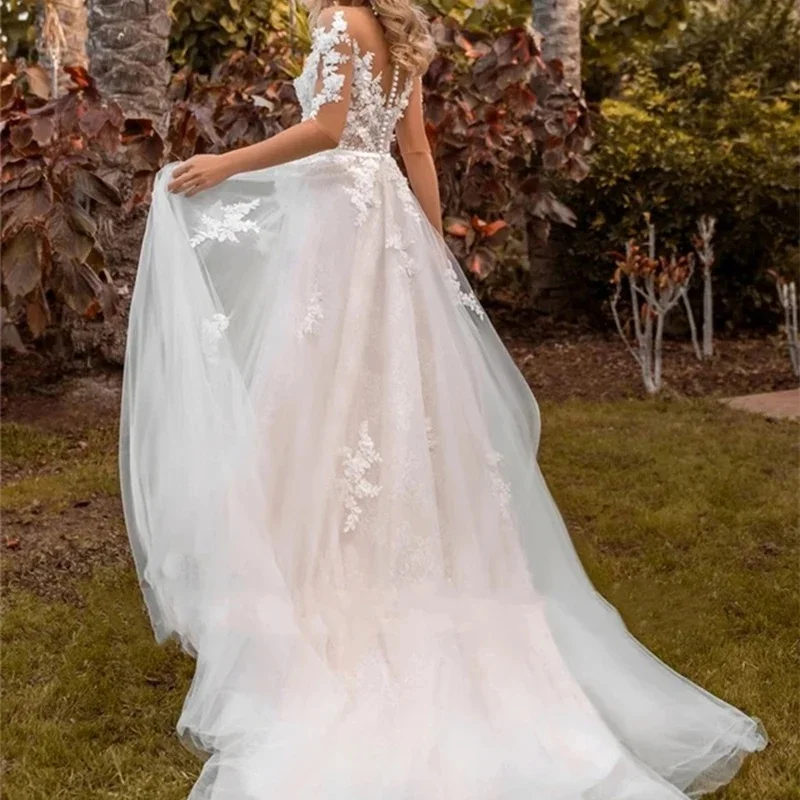 Robe de mariée élégante de Dubaï, coupe A-Line, col rond, demi-manches, appliques florales, patients Boho, élégante, personnalisée sur mesure, 2024