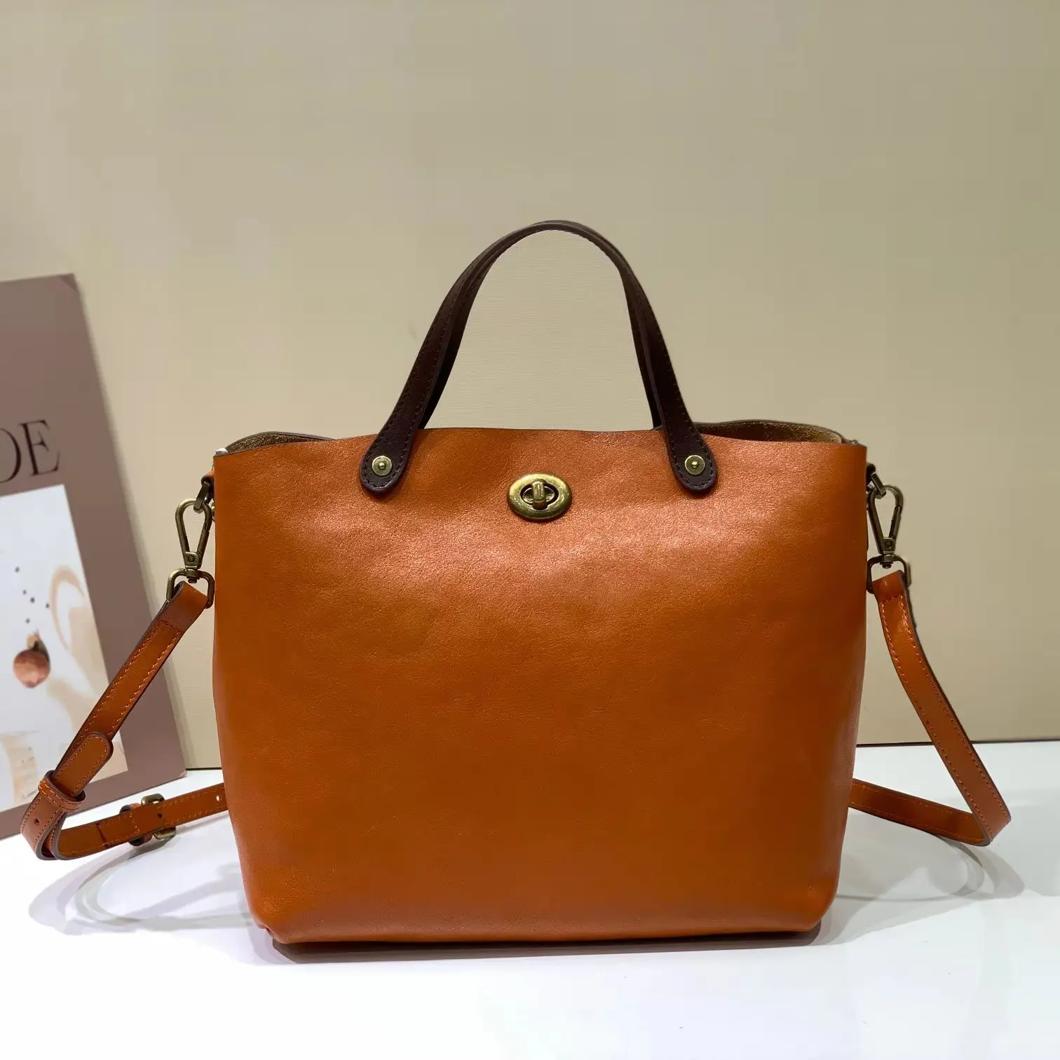 Retro Vegetable Tanned Cowhide Women Bucket Bag Luxury Designer Ladies Large Capacity Shoulder Crossbody Tote Bag Female Handbag