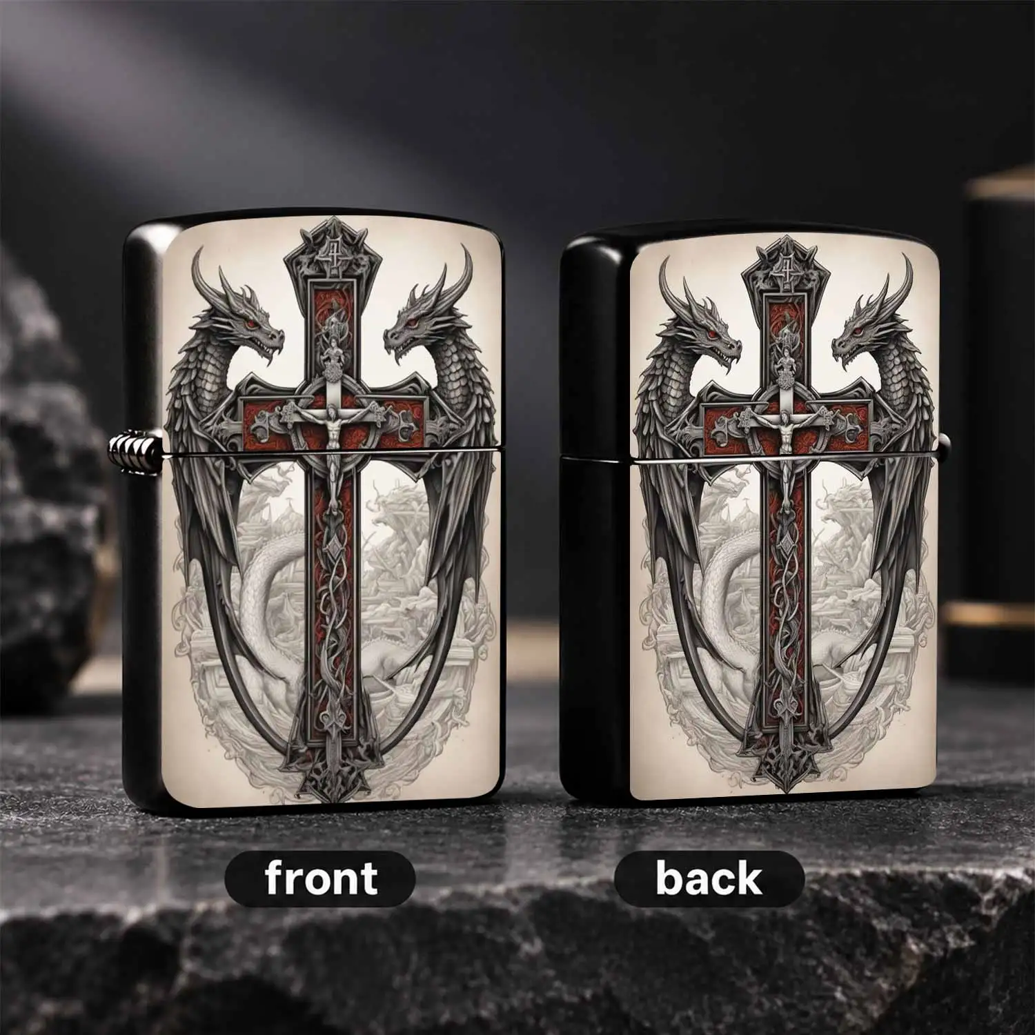 Gothic Dragon Adorned Cross Art Lighter Vintage Embossed Stylish Accessory Portable Daily Carry Unique Ornament Exquisite Collectible Gift For Multiple Scenarios Special Present For Art Lovers And Hobbyists A Humorous And Interesting Lighte